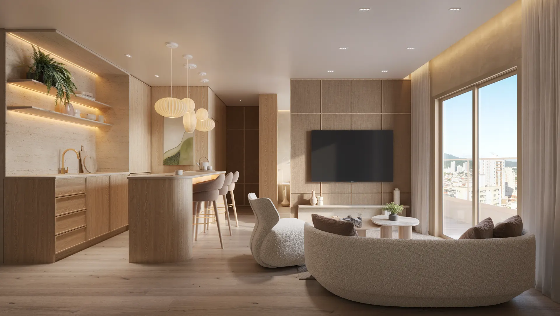 Living integrado com cozinha e vista para a cidade